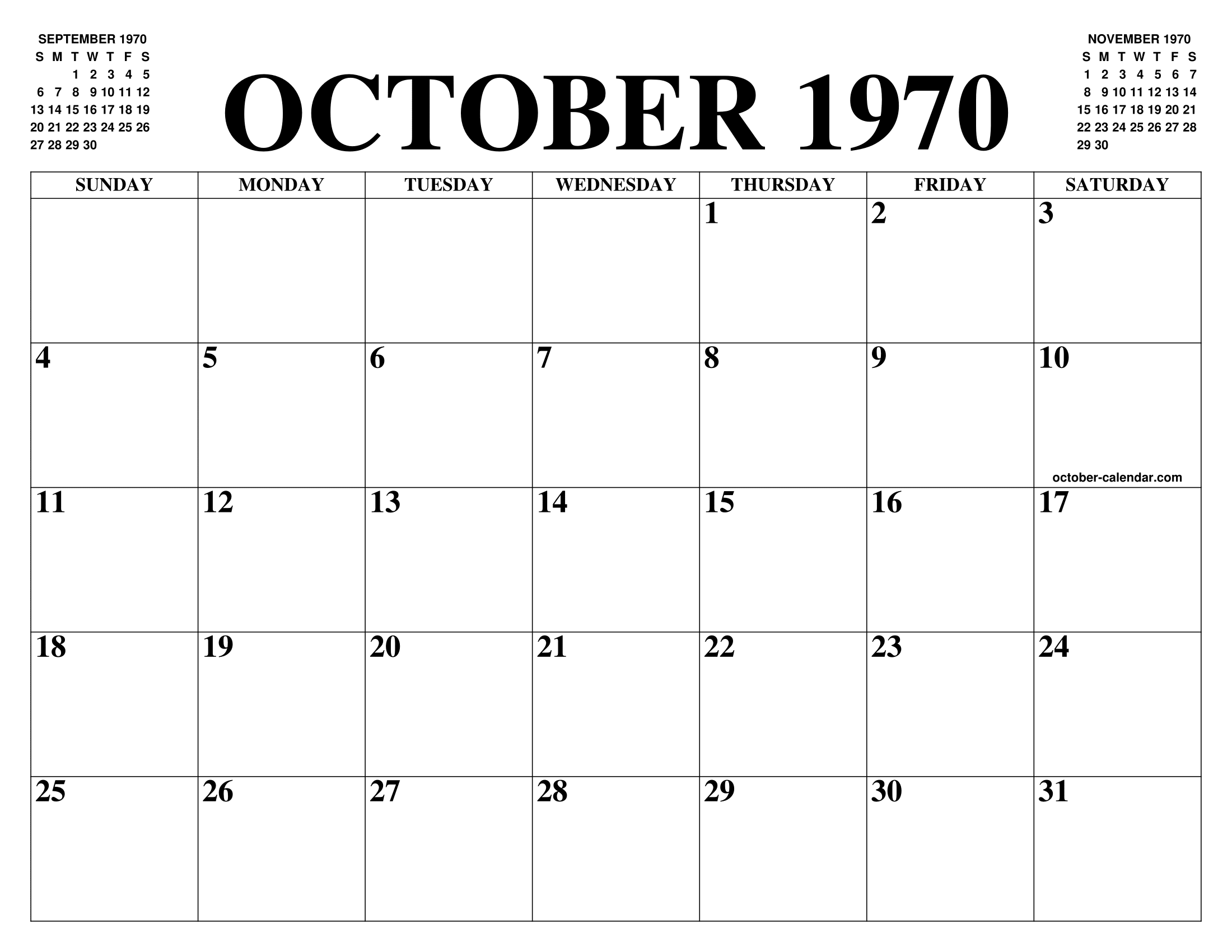 OCTOBER 1970 CALENDAR OF THE MONTH FREE PRINTABLE OCTOBER CALENDAR OF