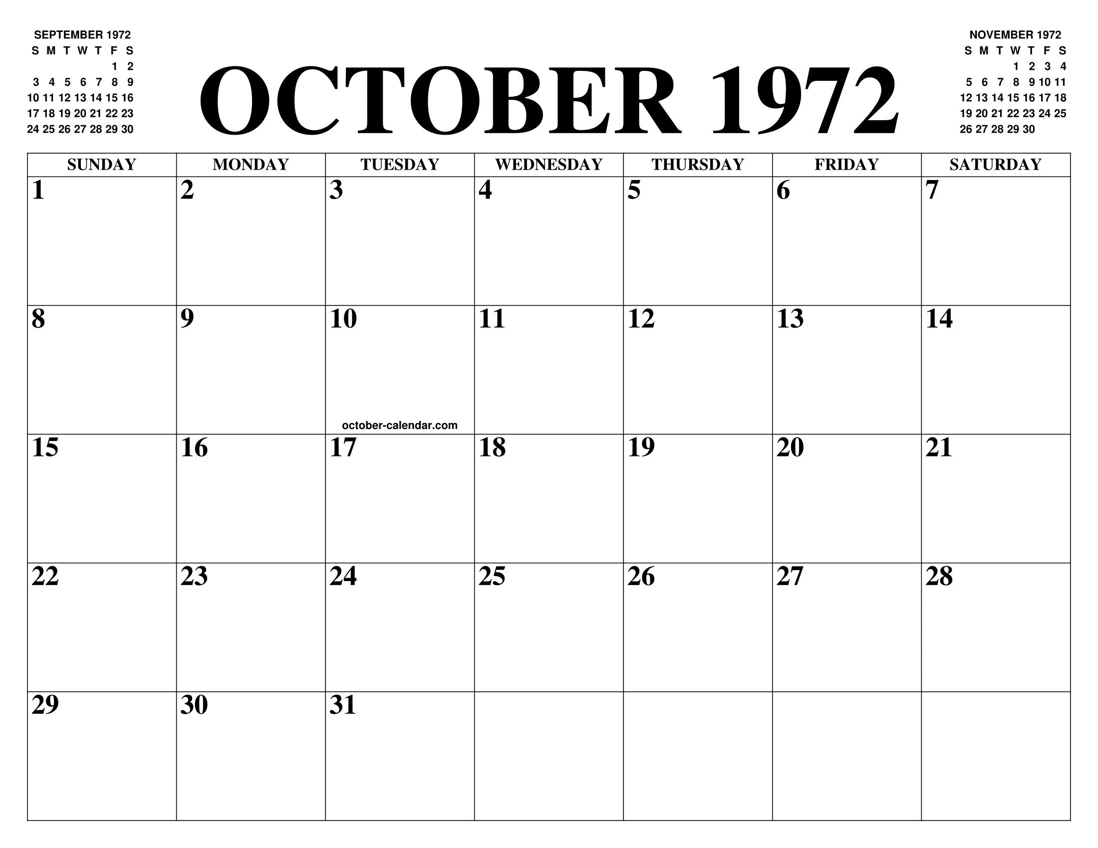 OCTOBER 1972 CALENDAR OF THE MONTH FREE PRINTABLE OCTOBER CALENDAR OF OCTOBER 1972 CALENDAR OF THE MONTH FREE PRINTABLE OCTOBER CALENDAR OF