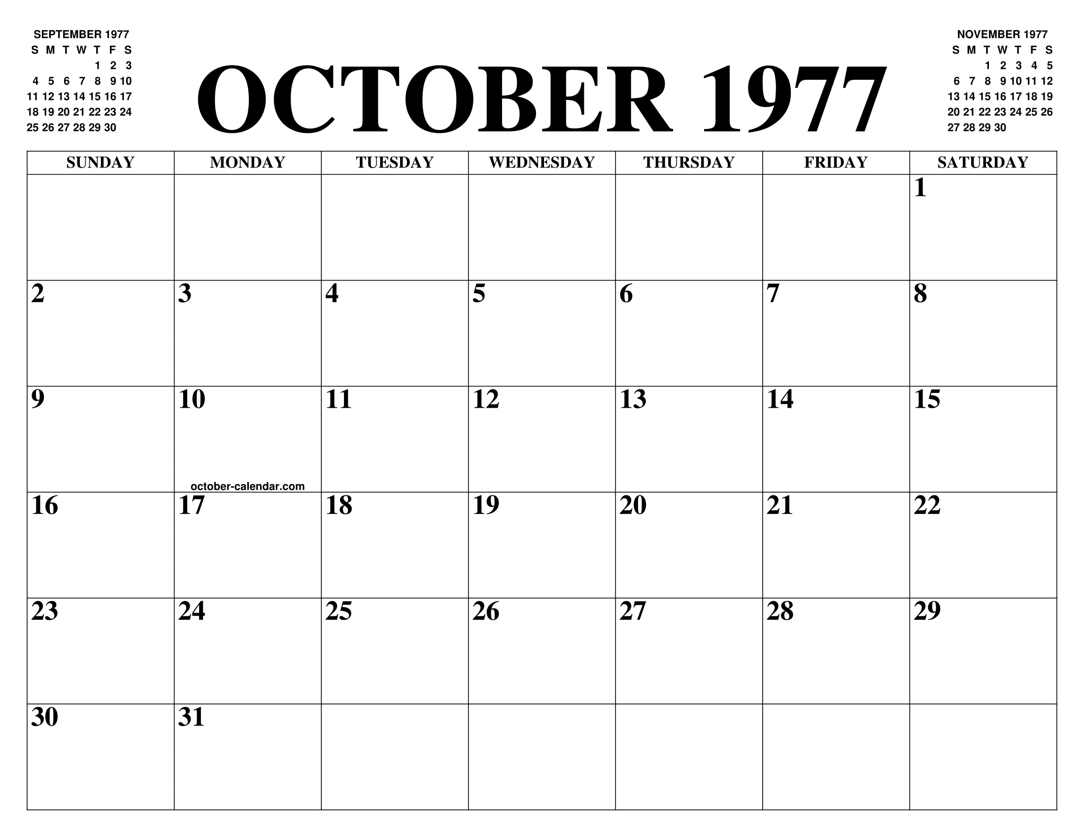 OCTOBER 1977 CALENDAR OF THE MONTH FREE PRINTABLE OCTOBER CALENDAR OF OCTOBER 1977 CALENDAR OF THE MONTH FREE PRINTABLE OCTOBER CALENDAR OF