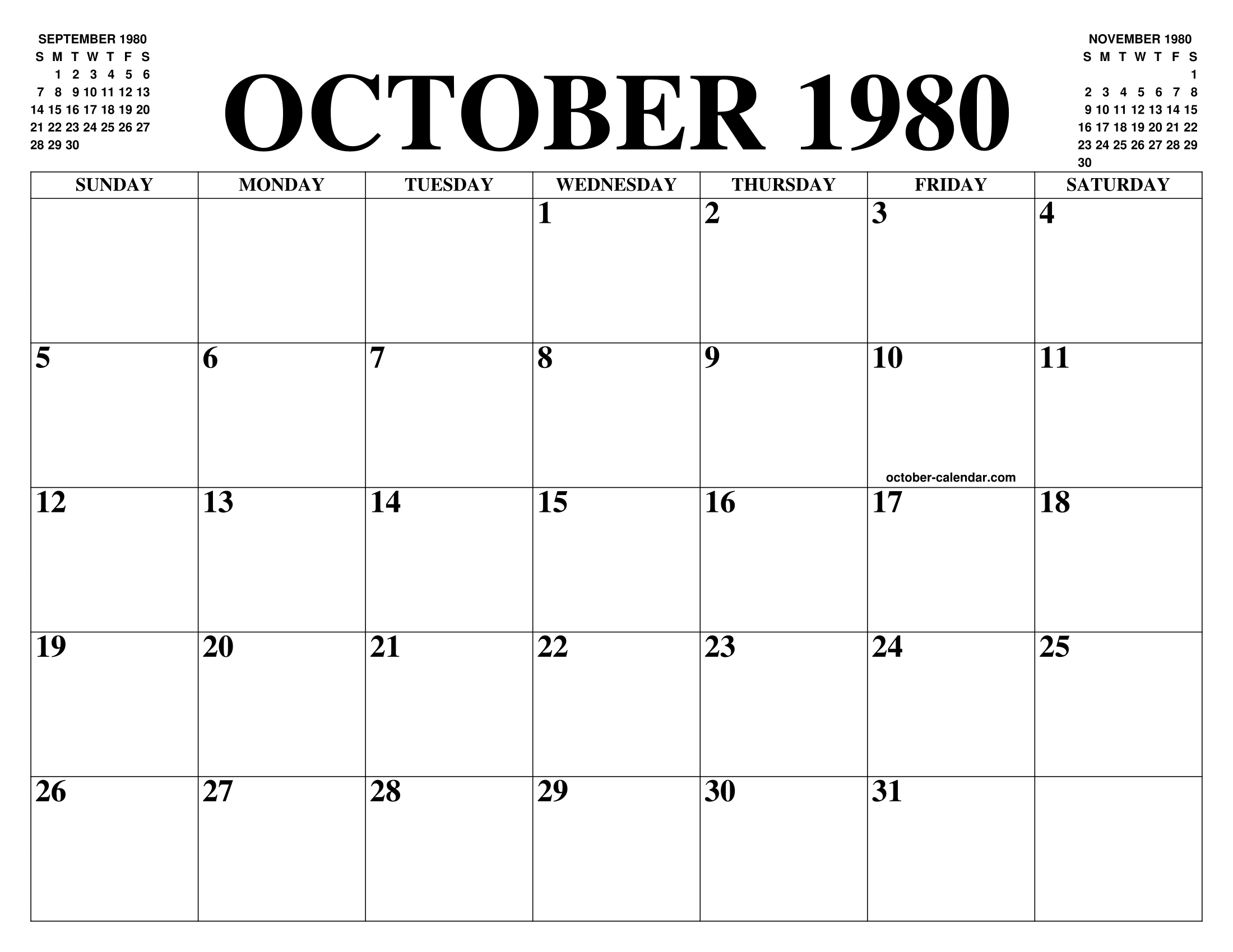 OCTOBER 1980 CALENDAR OF THE MONTH: FREE PRINTABLE OCTOBER CALENDAR OF THE  YEAR - AGENDA