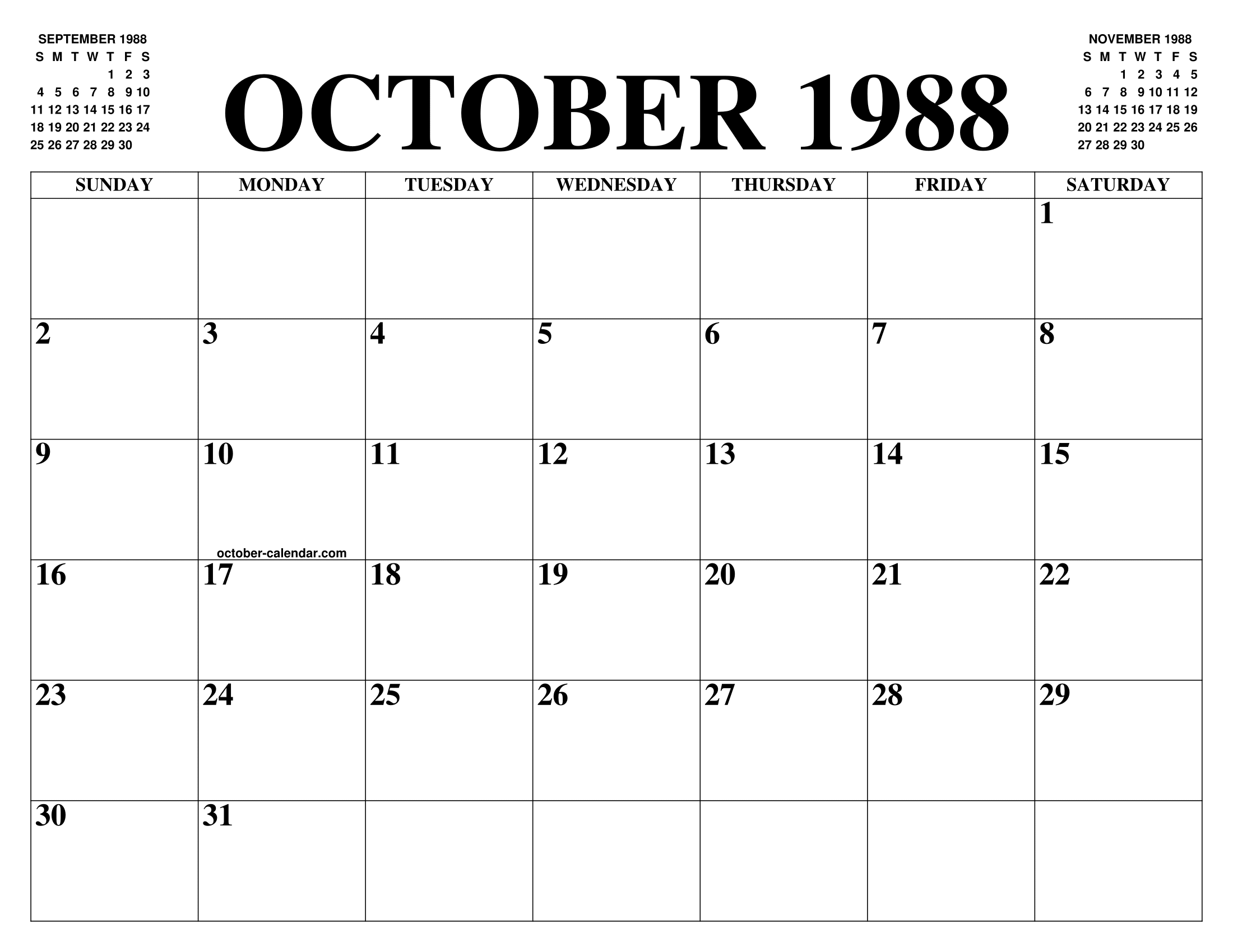 OCTOBER 1988 CALENDAR OF THE MONTH: FREE PRINTABLE OCTOBER CALENDAR OF