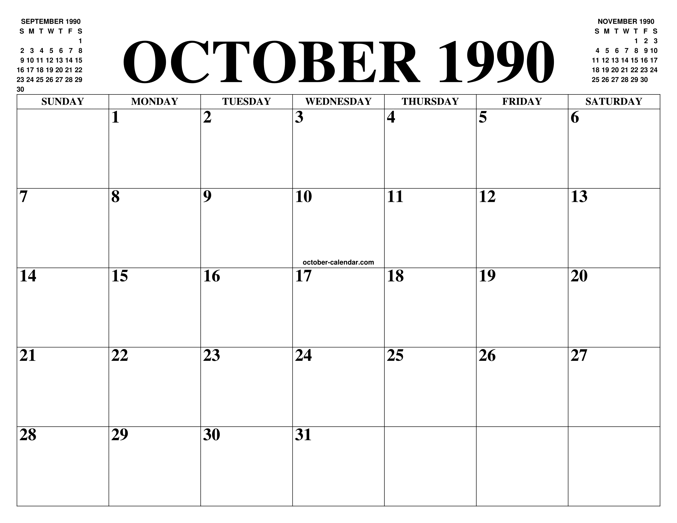 OCTOBER 1990 CALENDAR OF THE MONTH FREE PRINTABLE OCTOBER CALENDAR OF THE YEAR AGENDA