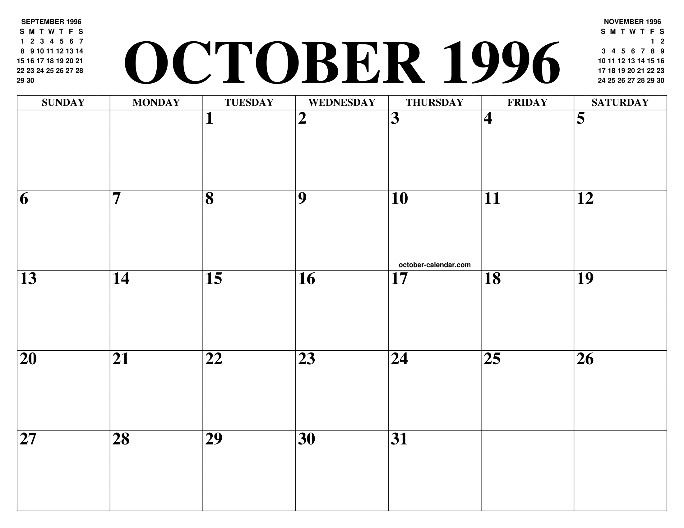 OCTOBER 1996 CALENDAR OF THE MONTH: FREE PRINTABLE OCTOBER CALENDAR OF