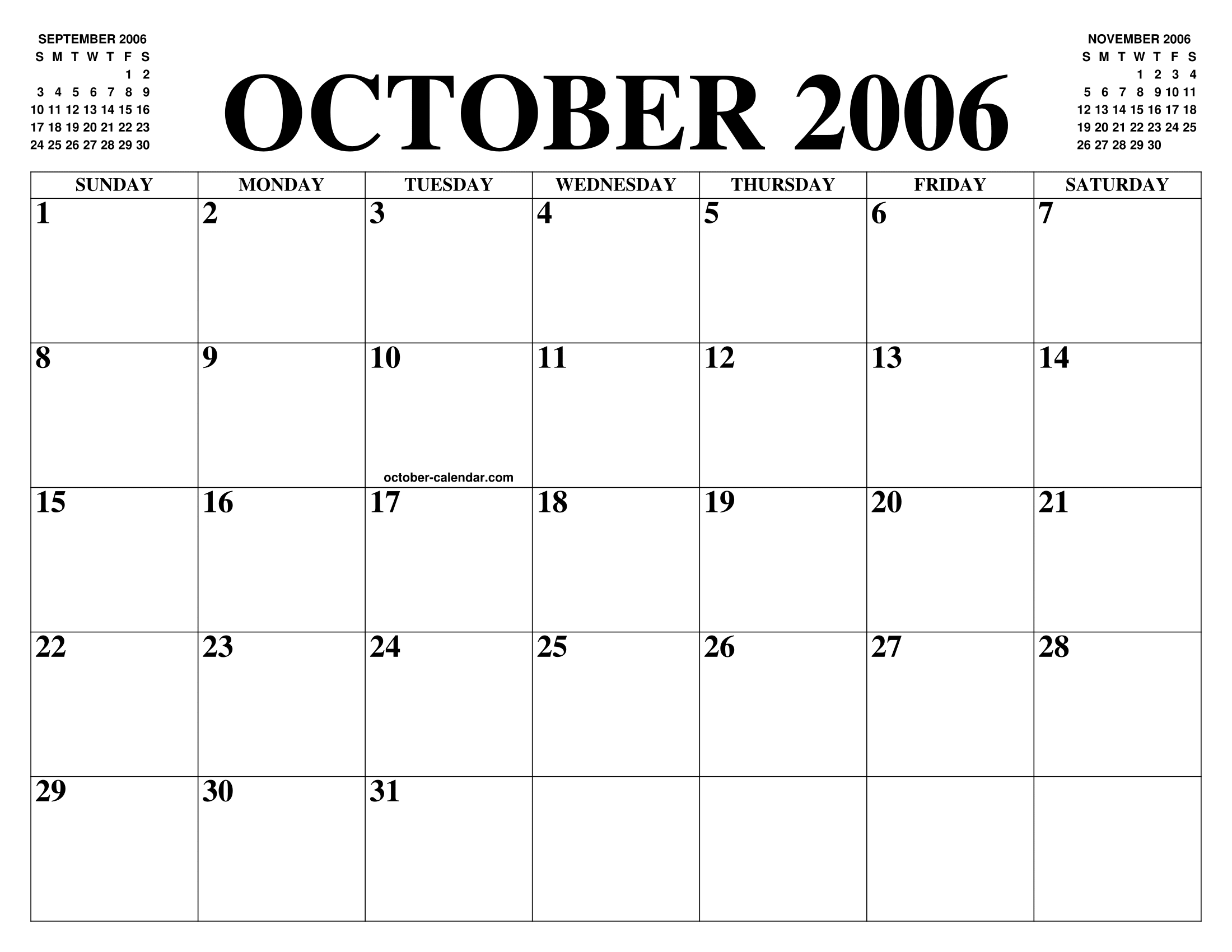 OCTOBER 2006 CALENDAR OF THE MONTH: FREE PRINTABLE OCTOBER CALENDAR OF THE YEAR - AGENDA