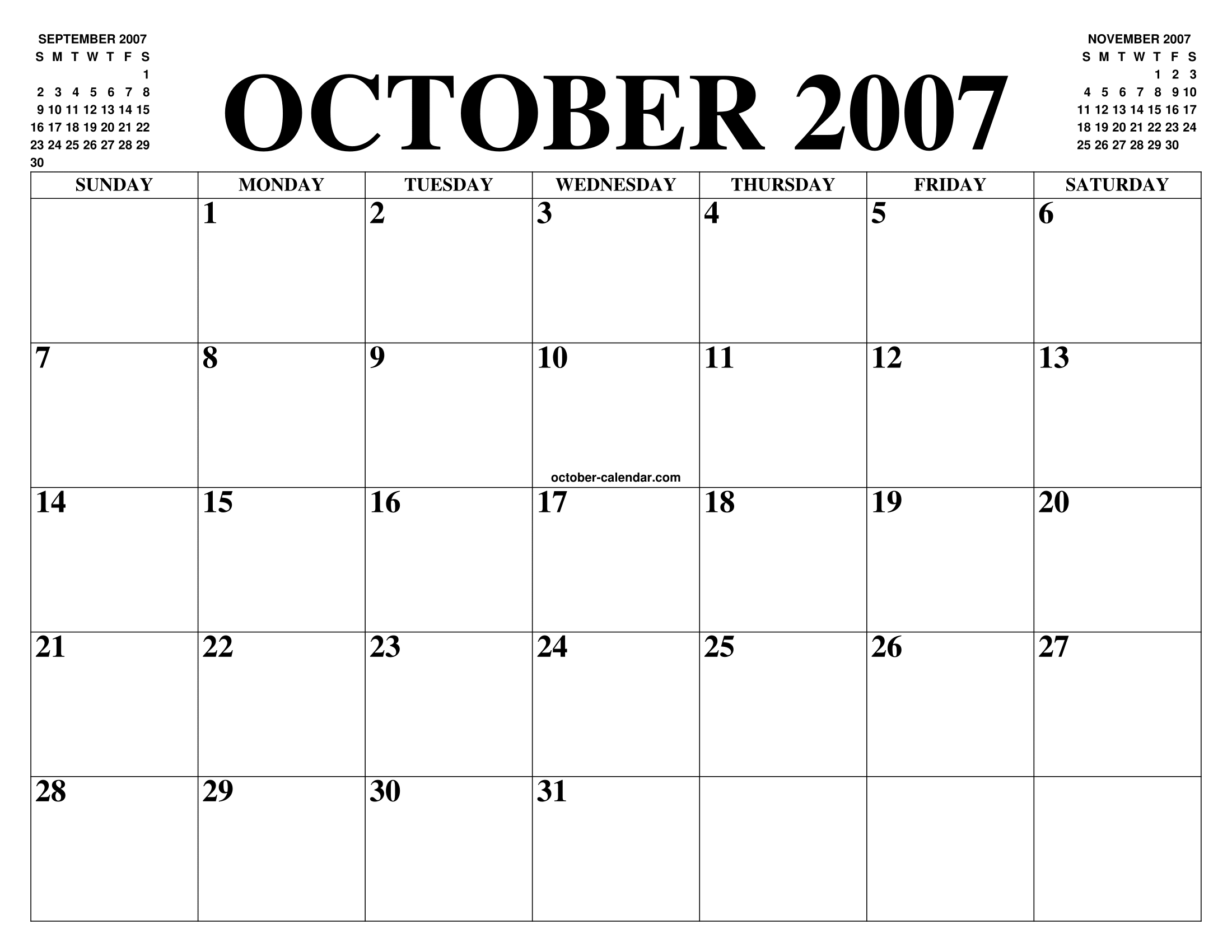 OCTOBER 2007 CALENDAR OF THE MONTH: FREE PRINTABLE OCTOBER CALENDAR OF THE YEAR - AGENDA