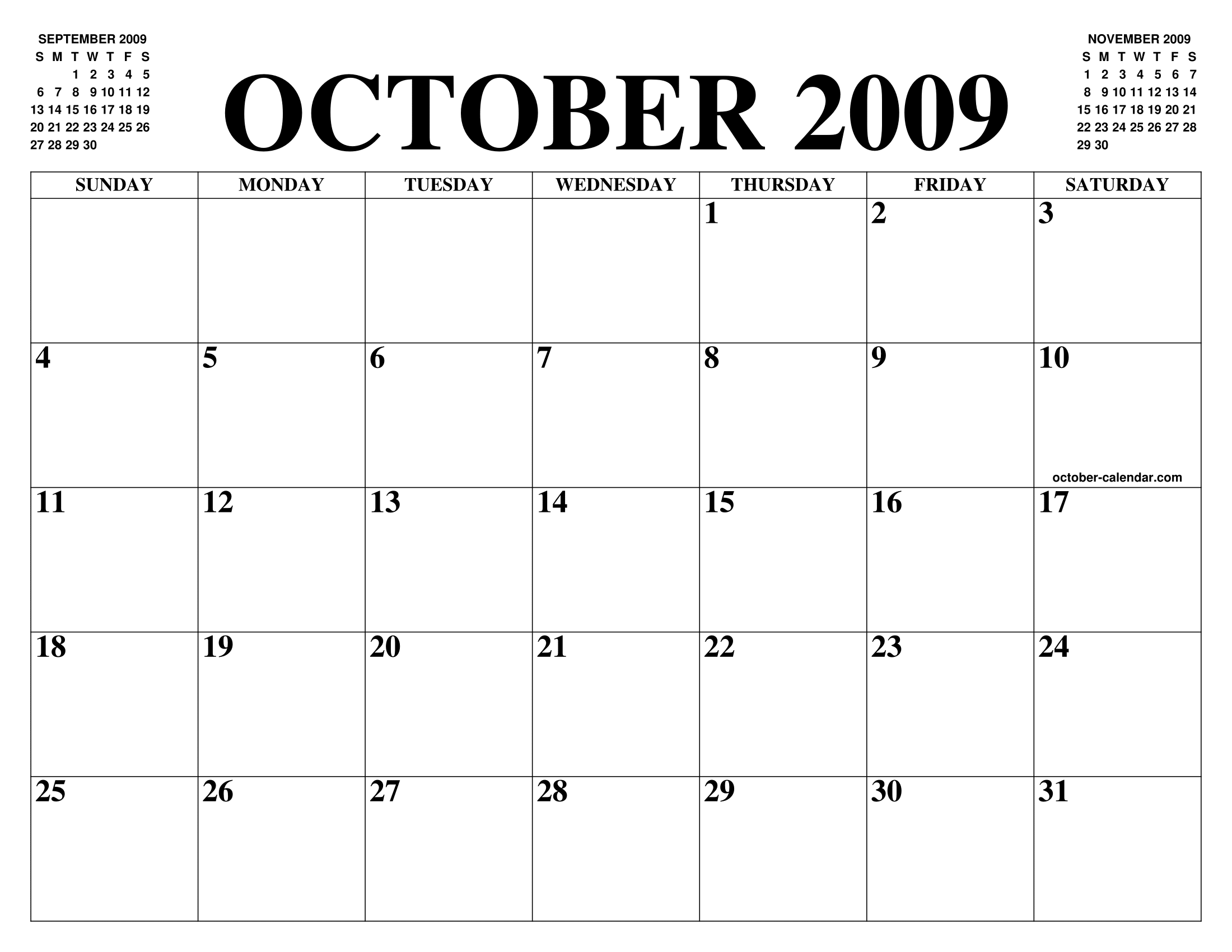 OCTOBER 2009 CALENDAR OF THE MONTH: FREE PRINTABLE OCTOBER CALENDAR OF THE  YEAR - AGENDA