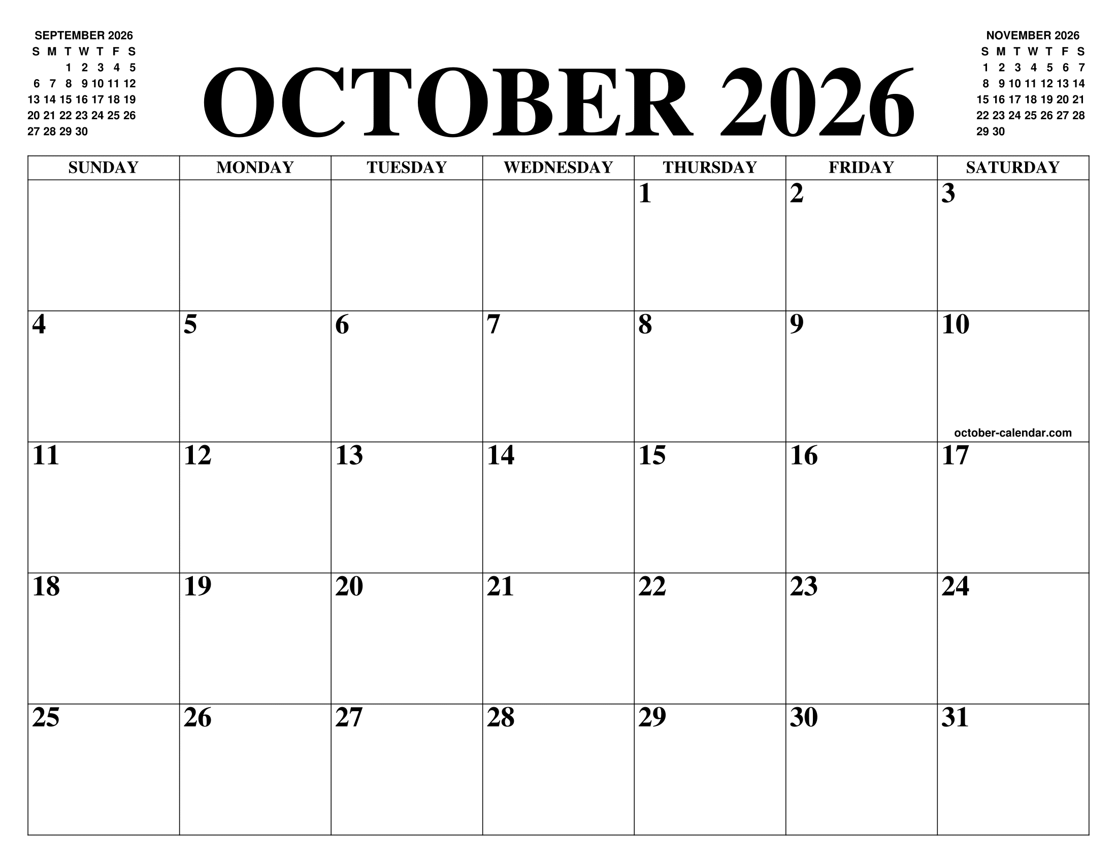 OCTOBER 2026 CALENDAR OF THE MONTH FREE PRINTABLE OCTOBER CALENDAR OF